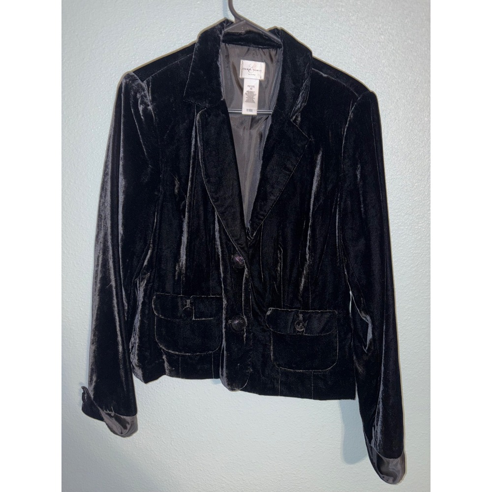 Emma James Black Velvet Blazer Petite 12 Two Button Lined Jacket Pockets